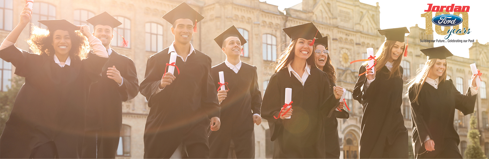 Happy students with diplomas near campus. Banner design